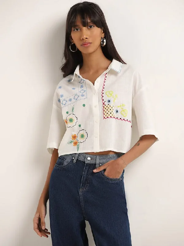 Bombay Paisley Ivory Floral Embroidered Cotton Shirt Hooded Caped Shawl Collar