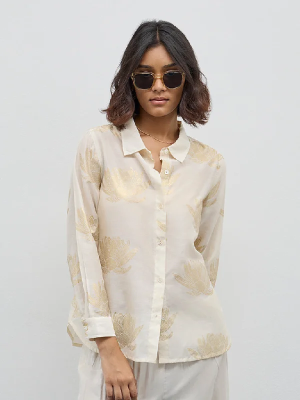 Bombay Paisley Light Beige Floral Printed Shirt Chenille Brocade Lace