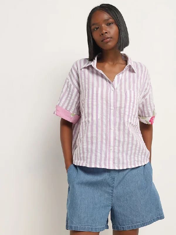 Bombay Paisley Lilac Striped Shirt Graphic T-Shirt Round Neck Polyester