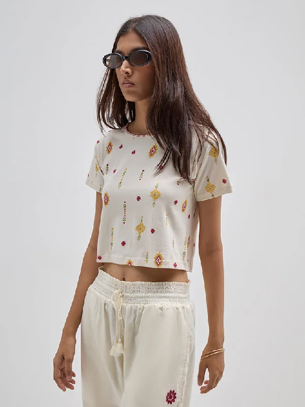 Bombay Paisley Off-White Aztec Printed Cotton T-Shirt Polka Dot Checkered Tartan