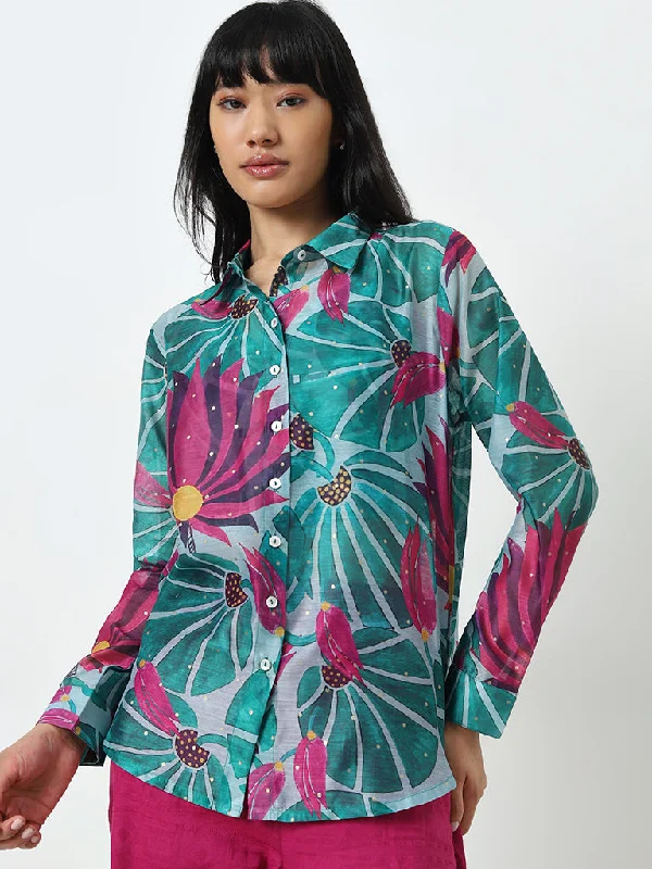 Bombay Paisley Teal Floral Printed Shirt Hooded Caped Shawl Collar