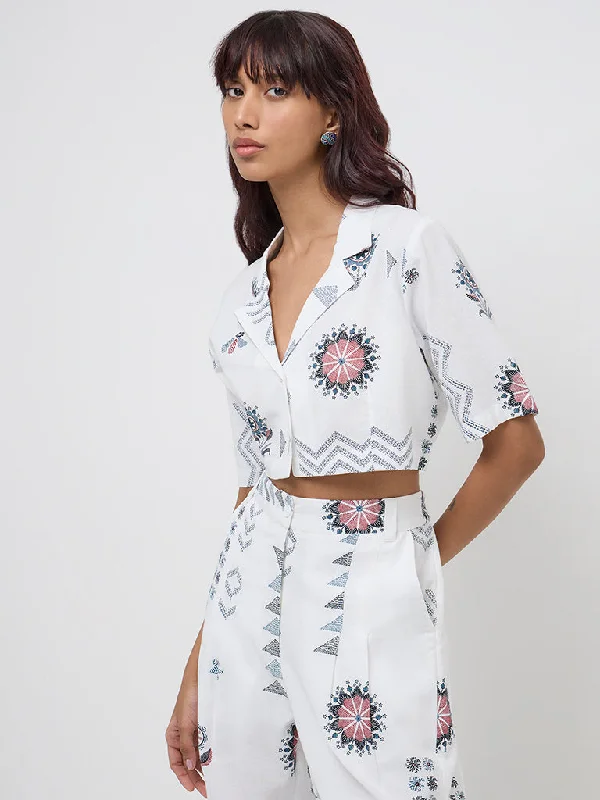 Bombay Paisley White Embroidered Cotton Blend Cropped Shirt Basic T-Shirt Crew Neck Short Sleeve