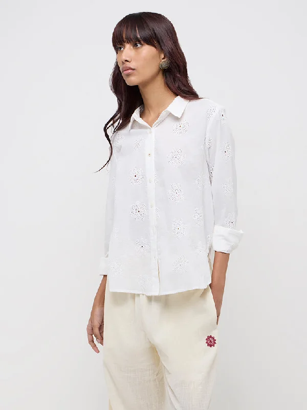 Bombay Paisley White Floral Embroidery Cotton Shirt Hooded Caped Shawl Collar