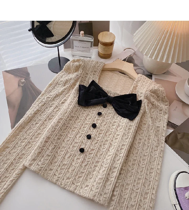 Bow Vintage French shirt square neck long sleeve top fashion  6389 Houndstooth Herringbone Solid