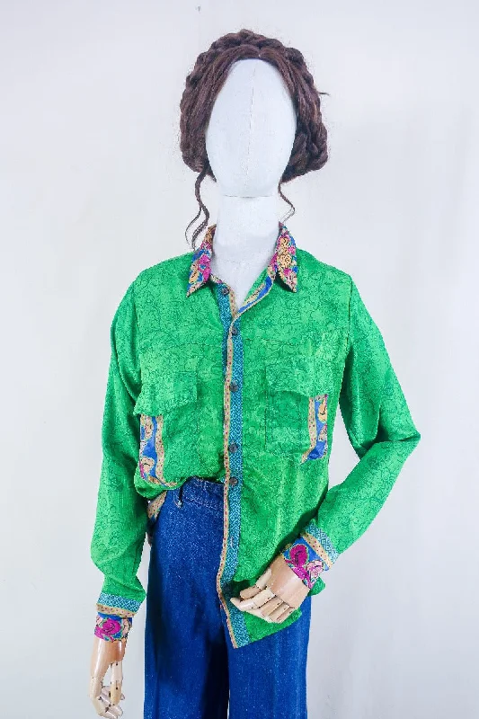 Clyde Shirt -  Dark Lime Block Print Floral - Vintage Indian Sari - Free Size M/L Sequined Glittery Shiny
