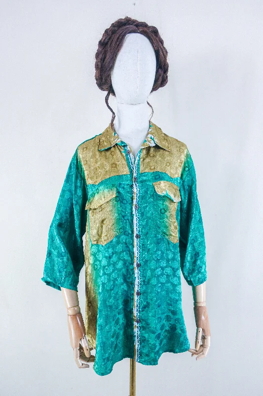 Clyde Shirt - Deep Jade & Gold Tile - Vintage Indian Sari - Free Size XL Denim Fabric Leather Fabric Suede Fabric