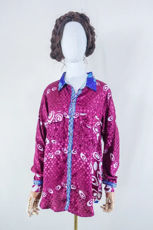Clyde Shirt - Dark Magenta Polka Dot Shimmer - Vintage Indian Sari - Free Size M/L Hooded Caped Shawl Collar