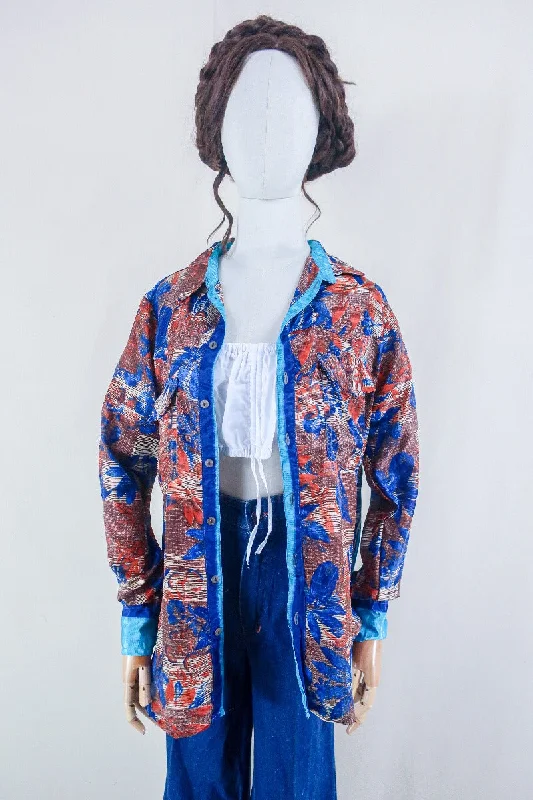 Clyde Shirt - Indigo & Rust Leaves - Vintage Indian Sari - Free Size M/L Chenille Fabric Brocade Fabric Lace Fabric