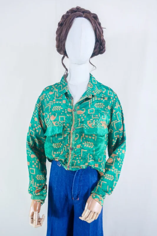 Clyde Shirt - Jade & Gold Motif - Vintage Indian Sari - Free Size M/L Elasticated Padded Insulated