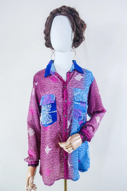 Clyde Shirt - Berry & Frosty Trees - Vintage Indian Sari - Free Size M/L Mesh Blend Leather Blend Suede Blend
