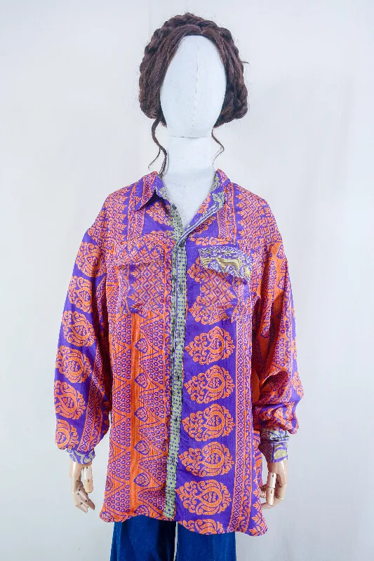 Clyde Shirt - Retro Orange Mosaic - Vintage Indian Sari - Free Size XXL Chenille Blend Fleece Blend Nylon Blend