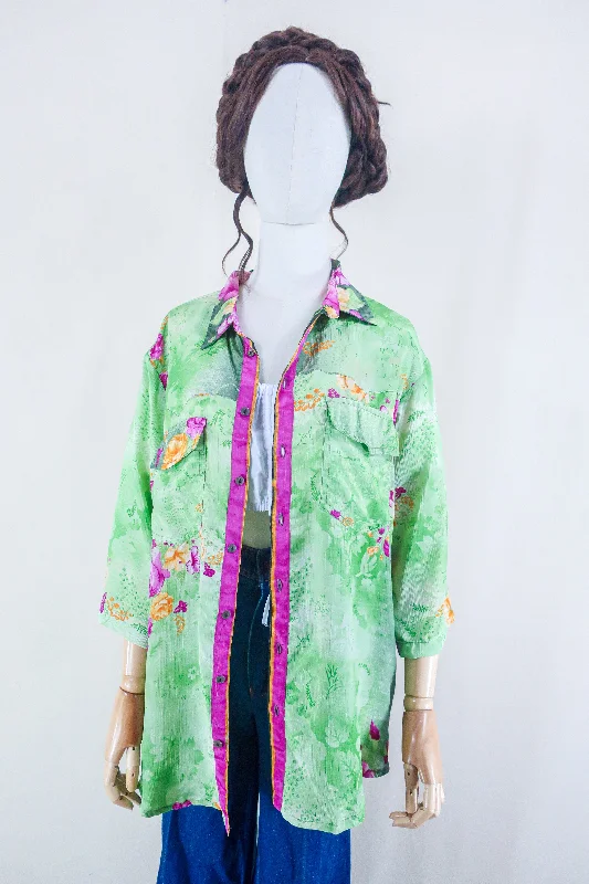 Clyde Shirt - Tropical Seafoam Bloom - Vintage Indian Sari - Free Size XL Thin T-Shirt Open Front Quick Dry Clyde Shirt - Tropical Seafoam Bloom - Vintage Indian Sari - Free Size XL Thin T-Shirt Open Front Quick Dry