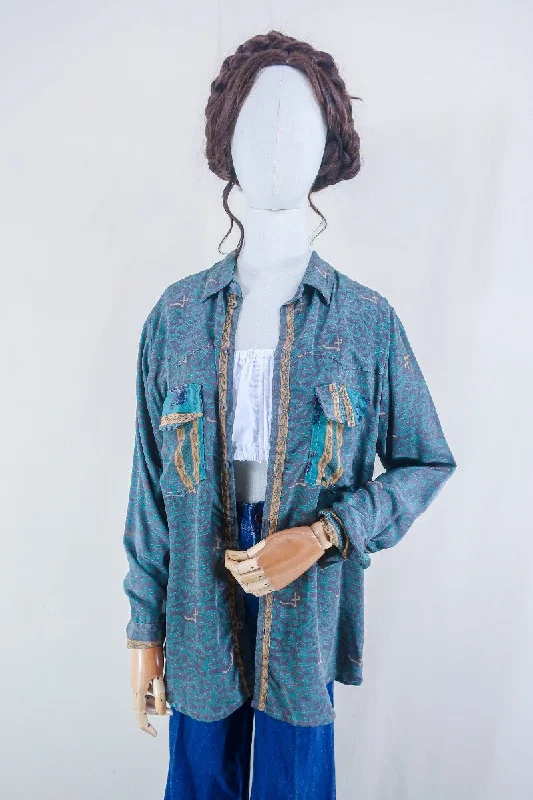 Clyde Shirt - Powdered Turquoise & Mauve Dancers - Vintage Indian Sari - Free Size M/L Anti-Shrink Durable Soft