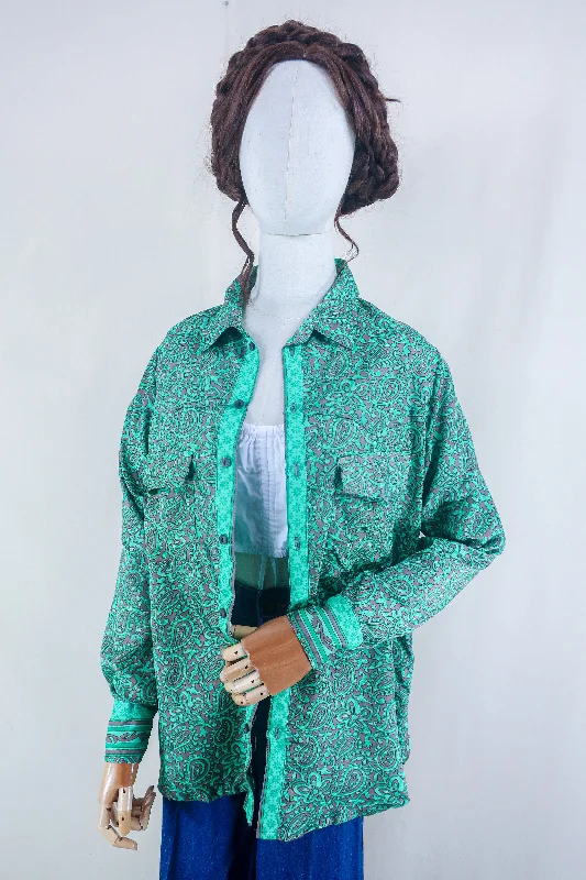 Clyde Shirt - Turquoise & Taupe Paisley - Vintage Indian Sari - Free Size M/L Chenille Blend Fleece Blend Nylon Blend