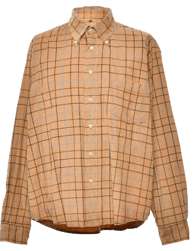 Corduroy Beige & Black Checked Shirt - XL Silk Blend Satin Velvet