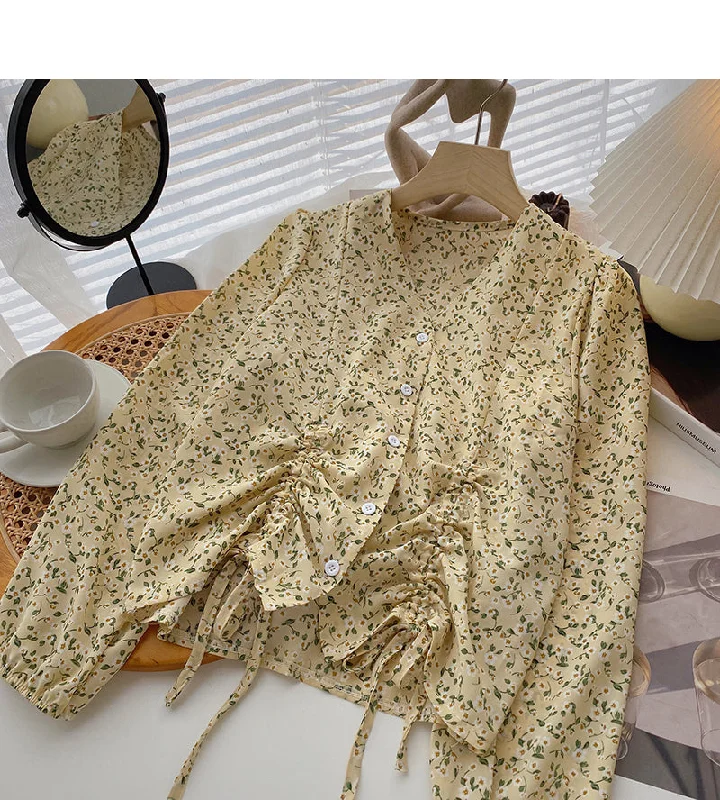 Design sense of foreign style floral shirt drawstring fold  6412 Machine Wash Dry Clean Hand Wash