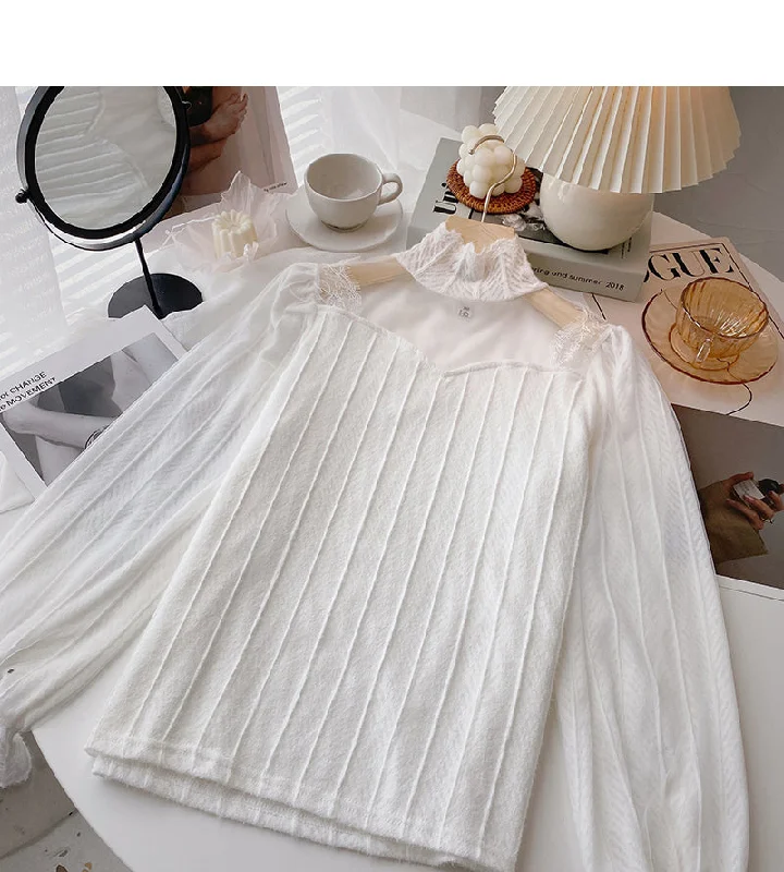 Design sense thickened lace bottomed shirt stand collar top  6361 Fleece Fabric Down Fabric Feather Fabric
