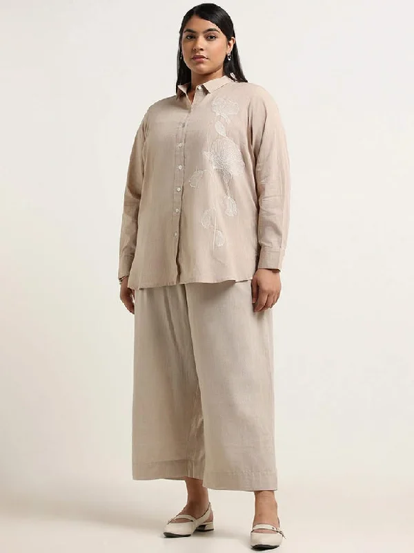 Diza Beige Embroidered Blended Linen Shirt Embroidered Appliqued Beaded