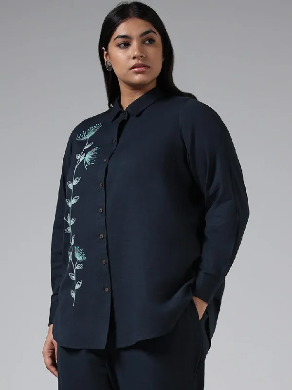 Diza Navy Floral Embroidered Cotton Shirt Print Jacquard Patchwork