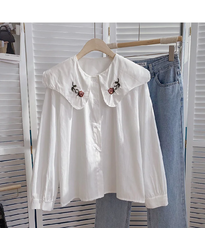 Embroidered Baby collar Vintage Art shirt  6416 V-Neck T-Shirt Long Sleeve Cotton