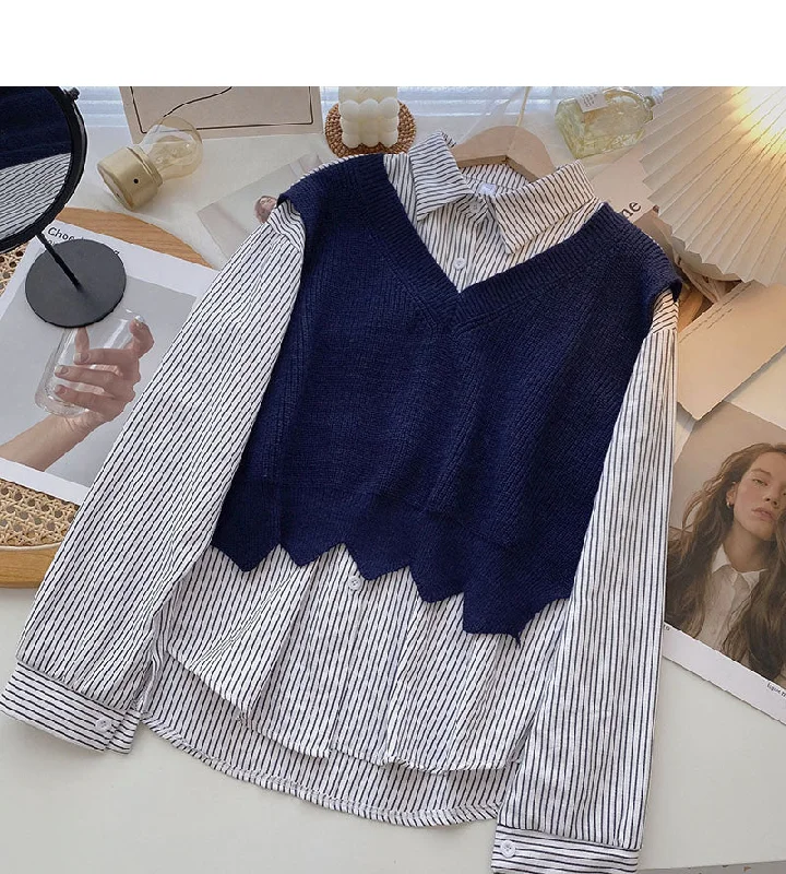 Fashion shirt stitching knitted vest fake two-piece top design 6327 V-Neck T-Shirt Long Sleeve Cotton Fashion shirt stitching knitted vest fake two-piece top design 6327 V-Neck T-Shirt Long Sleeve Cotton