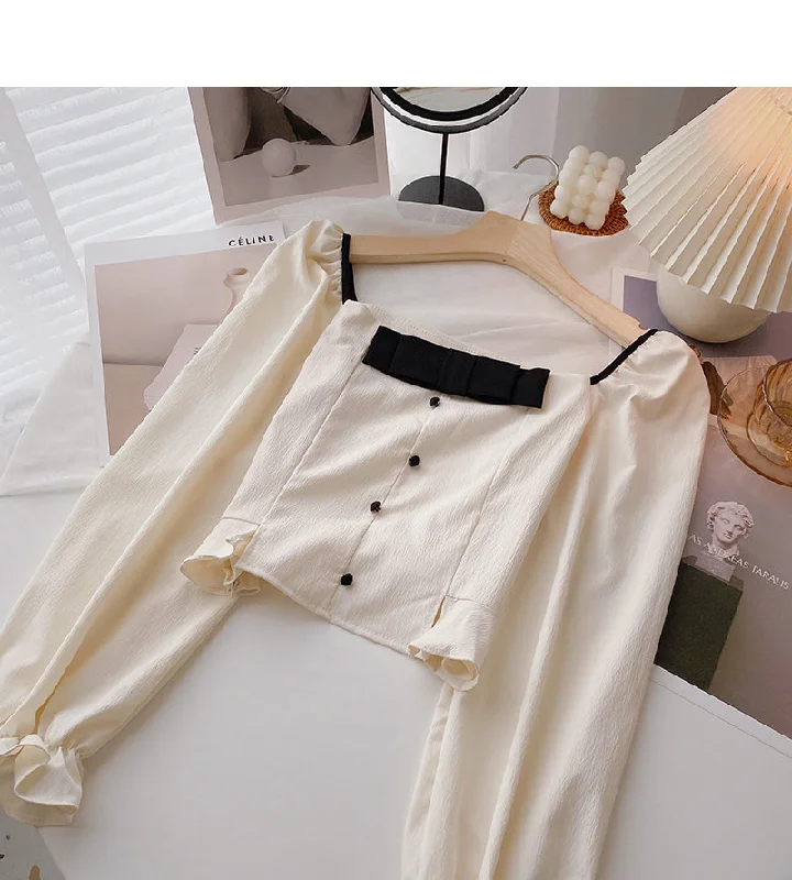 French leaky collarbone Square Neck Shirt  6415 Oversized T-Shirt Spandex breathable