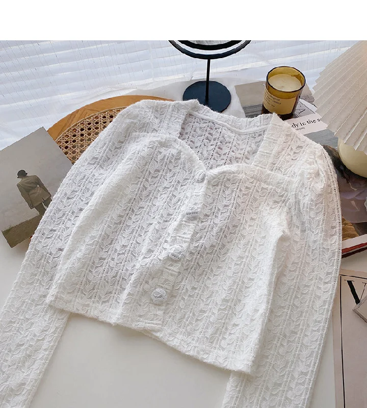 French small square collar lace shirt long sleeve short top fashion  6362 Wool Fabric Cashmere Fabric Tweed Fabric