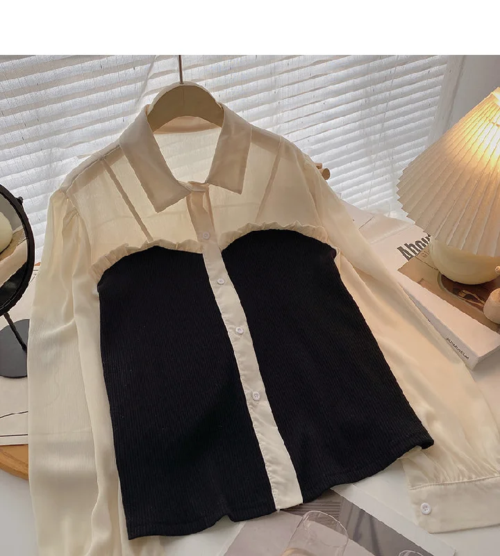 Fungus edge contrast long sleeve splicing shirt  6388 Front Pockets Side Pockets Patch Pockets