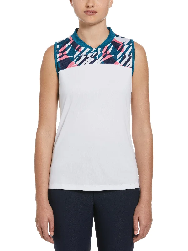 Women's Geometric Print Golf Shirt with Overlapping Back Detail Striped Floral Plaid
