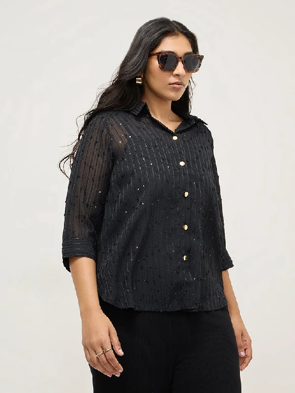 Gia Black Embroidered Shirt with Camisole Jersey Fabric Tulle Fabric Batik Fabric