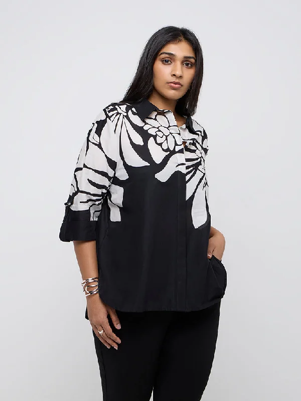 Gia Black Floral Printed Cotton Shirt Basic T-Shirt Crew Neck Short Sleeve