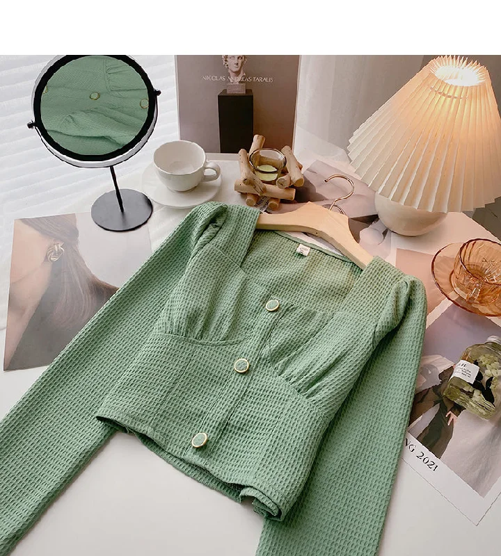 Long sleeve Vintage solid Plaid Shirt slim square neck top  6386 Rayon Fabric Velvet Fabric Corduroy Fabric
