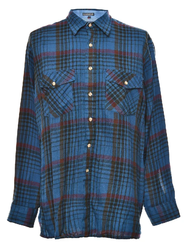 Long Sleeved Blue & Maroon Checked Shirt - L Oversized T-Shirt Spandex breathable