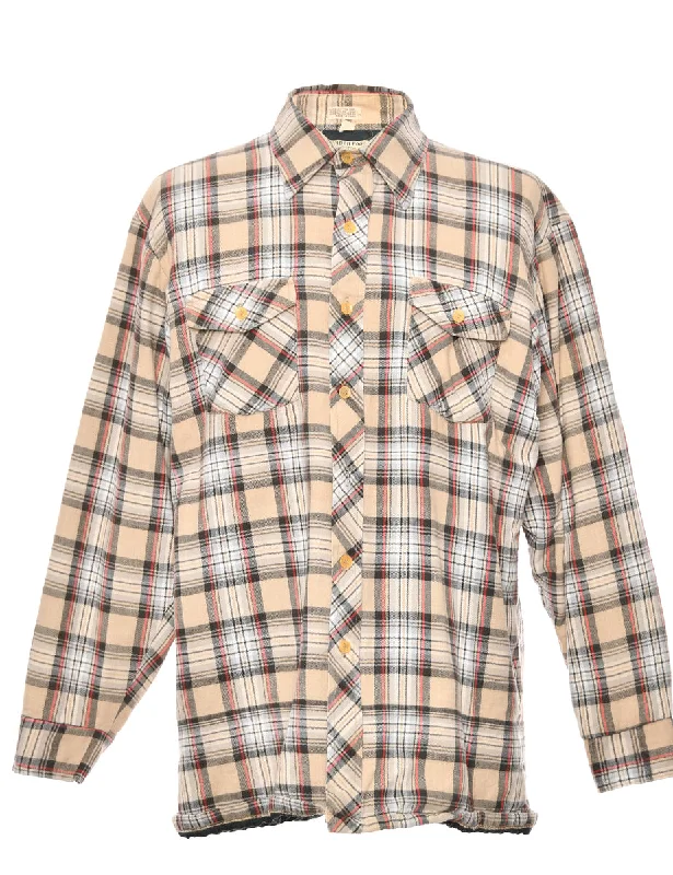 Long Sleeved Light Brown Checked Shirt - L Zippered Buttoned Snapped