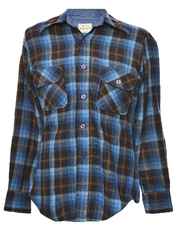 Long-Sleeved Navy Checked Shirt - S Plaid T-Shirt Polka Dot Checkered
