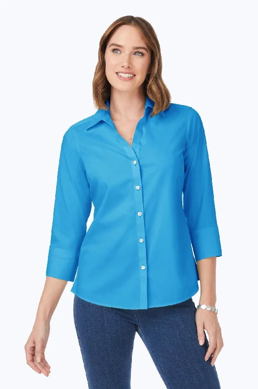 Mary Stretch No Iron 3/4 Sleeve Shirt, Blue Breeze Ribbed T-Shirt High Neck Heavyweight