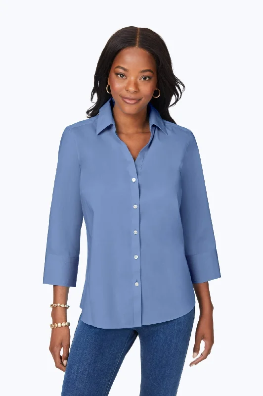 Mary Stretch No Iron 3/4 Sleeve Shirt, Blue Denim Anti-Pilling Machine Wash Handmade