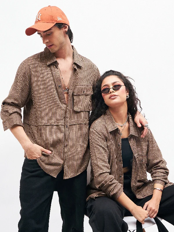 Unisex Brown Check Oversized Shirt Mesh Fabric Canvas Fabric Denim Fabric