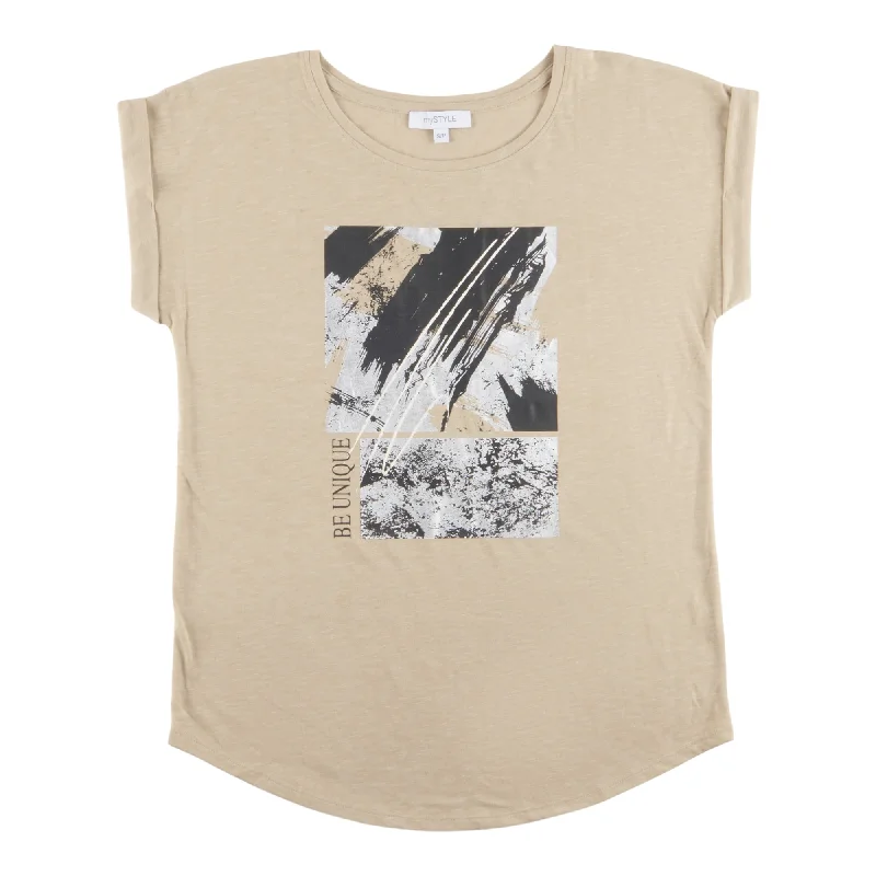 mySTYLE Women's New Wave Screen Printed Tee with Rolled Sleeves Notch Collar Peter Pan Collar Cowl Neck