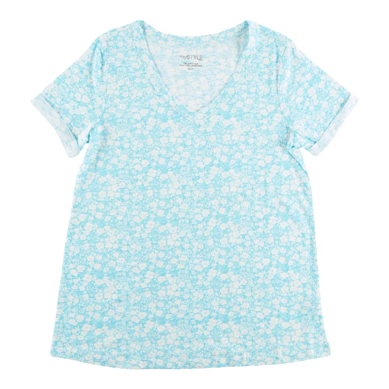 mySTYLE Women's Printed Relaxed Slub T-Shirt Mesh Blend Leather Blend Suede Blend
