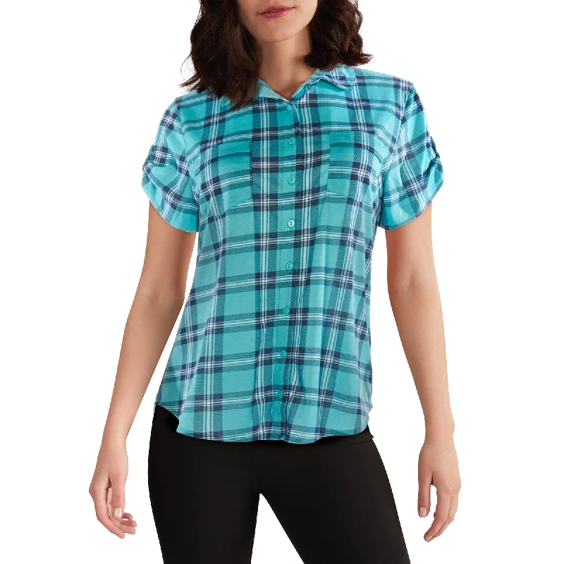 mySTYLE Women's Seasonal Plaid Cap Sleeve Shirt Silk Blend Satin Velvet