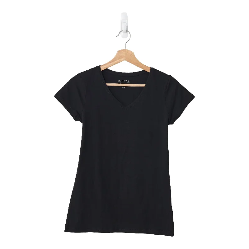 mySTYLE Women's Short Sleeve Stretch V-Neck T-Shirt, Black Sequined Glittery Shiny
