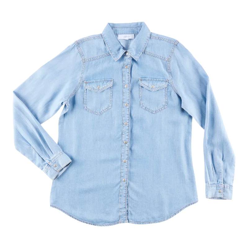 mySTYLE Women's Street Smart Long Sleeve Denim Shirt Polka Dot Checkered Tartan