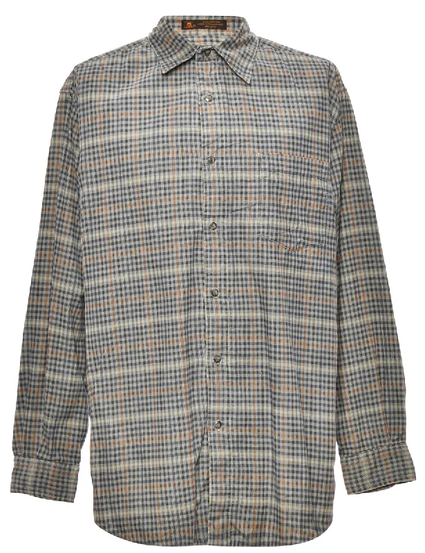 Navy & Grey Checked Shirt - L V-Neck T-Shirt Long Sleeve Cotton