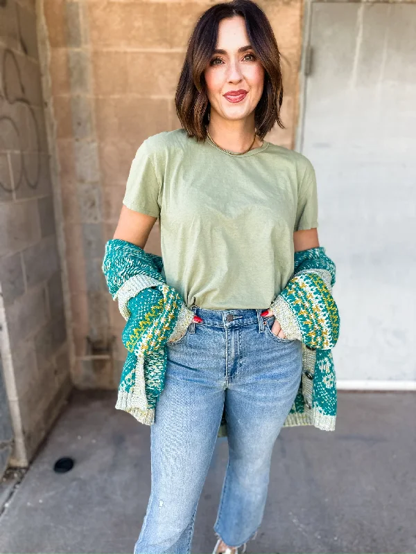 Perfect White Tee | Harley Boxy Crew- Oil Green Striped Floral Plaid