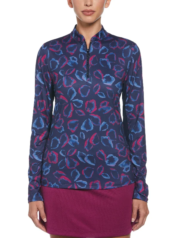 Women's Petal Print Sun Protection 1/4 Zip Golf Shirt Silk Blend Satin Velvet