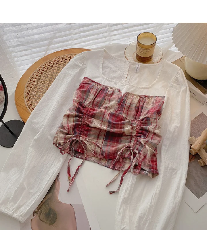 Plaid stitched shirt drawstring fake two tops  6378 Fitted T-Shirt Seamless Stretchy