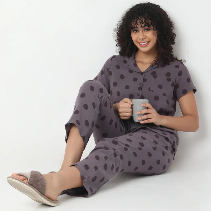 Regular Fit Polka T-shirt with Pyjama Sleepwear Set Satin Fabric Silk Fabric Chiffon Fabric