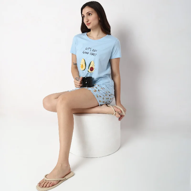 Regular Fit Printed T-shirt with Shorts Sleepwear Set Fashionable Trendy Casual