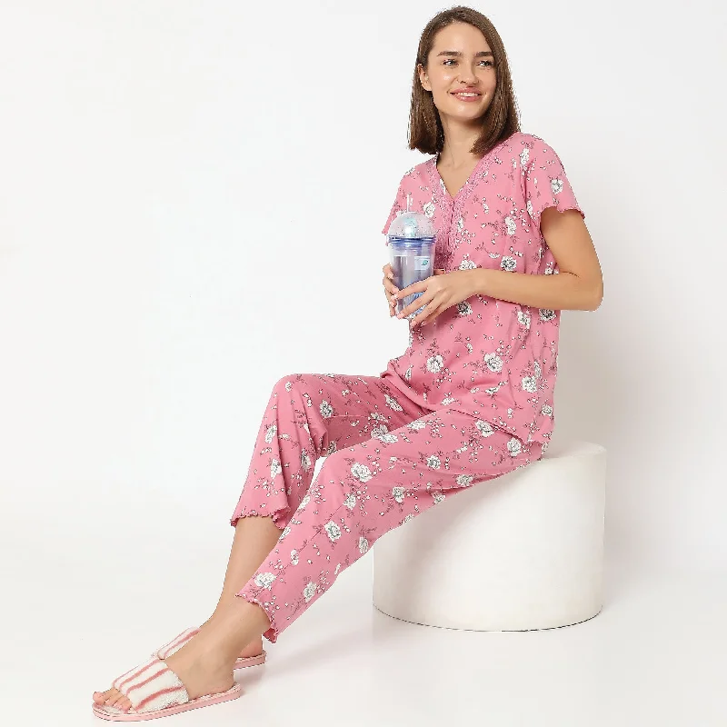 Regular Fit Printed T-shirt with Pyjama Sleepwear Set Collared T-Shirt Boat Neck A-Line